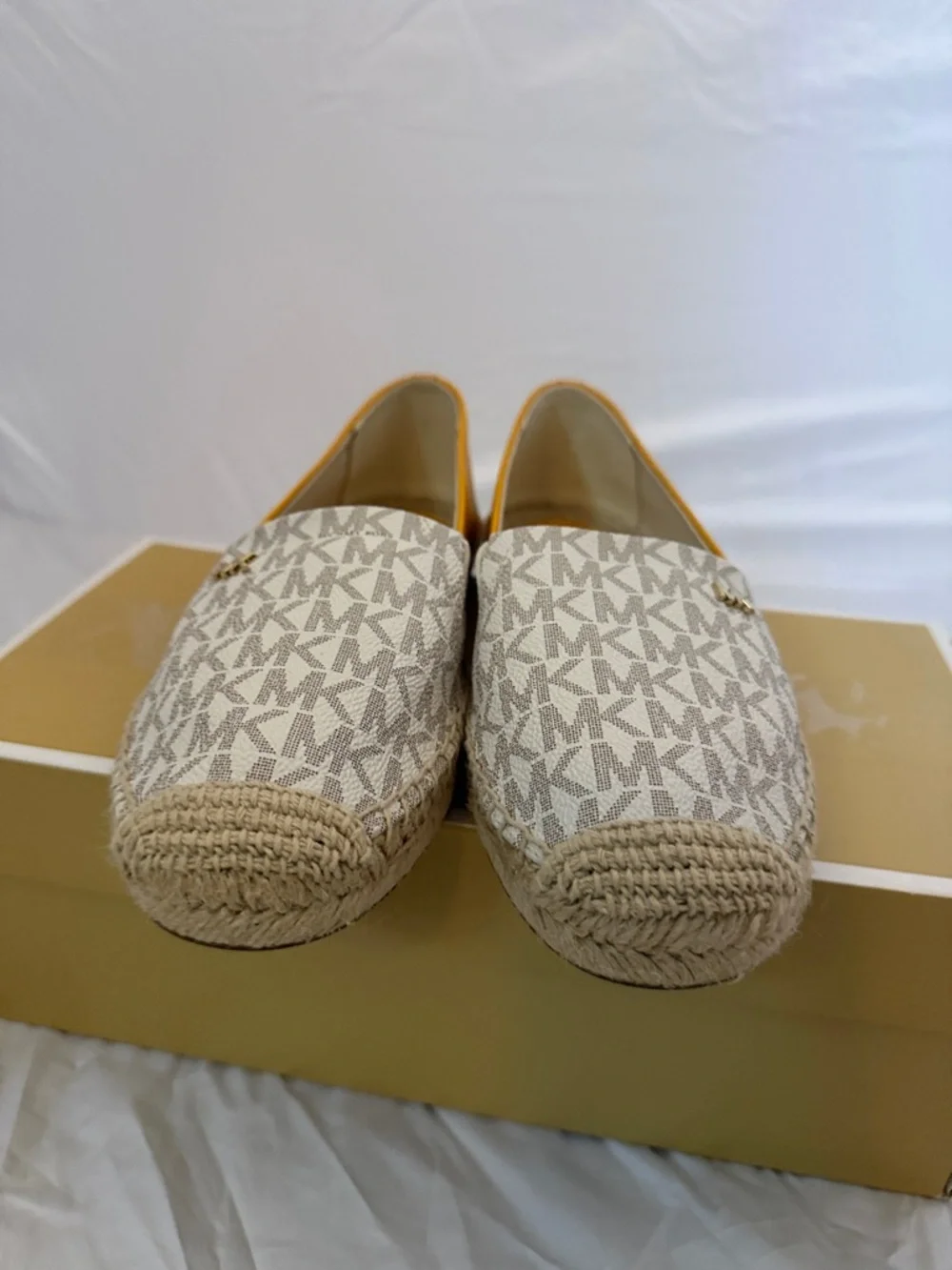Michael Kors MK Logo Espadrille Flats in White and Tan with Yellow Trim